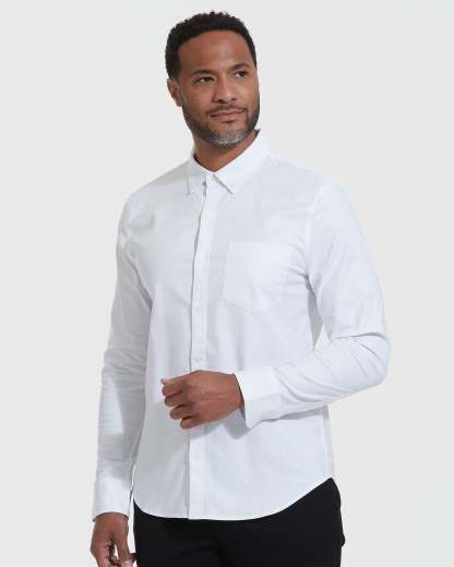 White Stretch Oxford Long Sleeve Shirt-VibeCloset