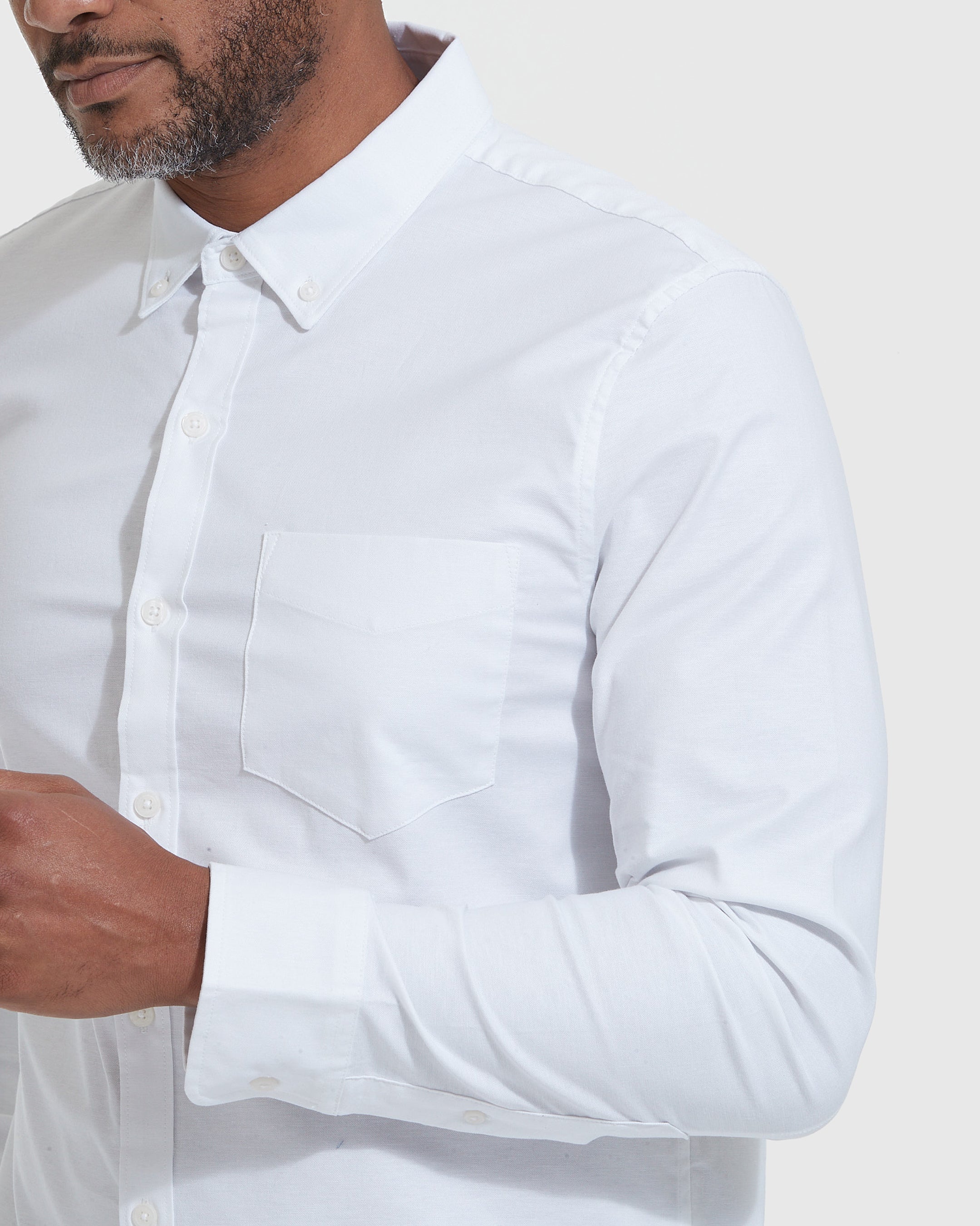 White Stretch Oxford Long Sleeve Shirt-VibeCloset