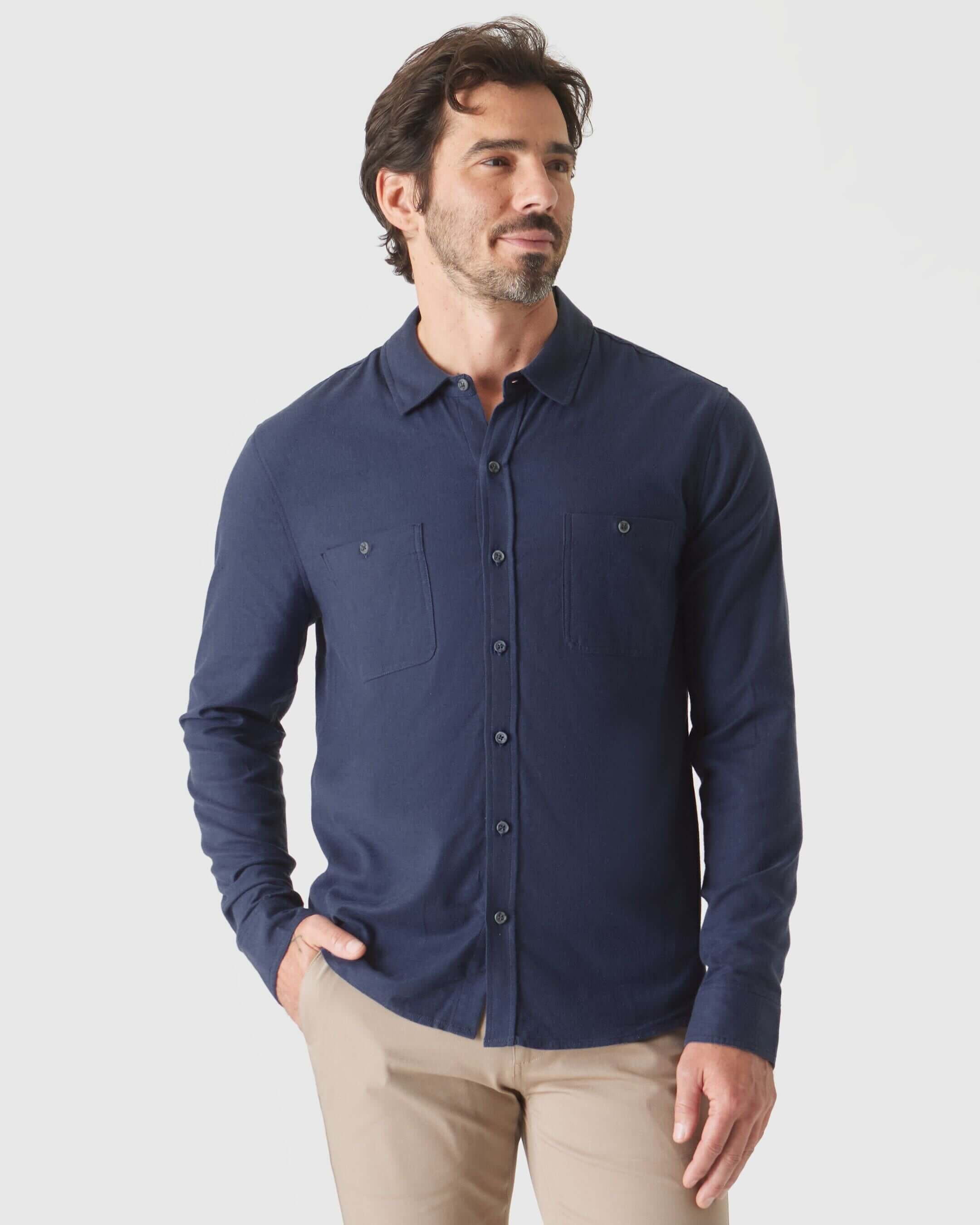 Navy Long Sleeve Lightweight Flannel Shirt-VibeCloset