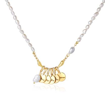 Personalized Family Name Disc Pendant - Natural Freshwater Baroque Pearl Necklace-VibeCloset