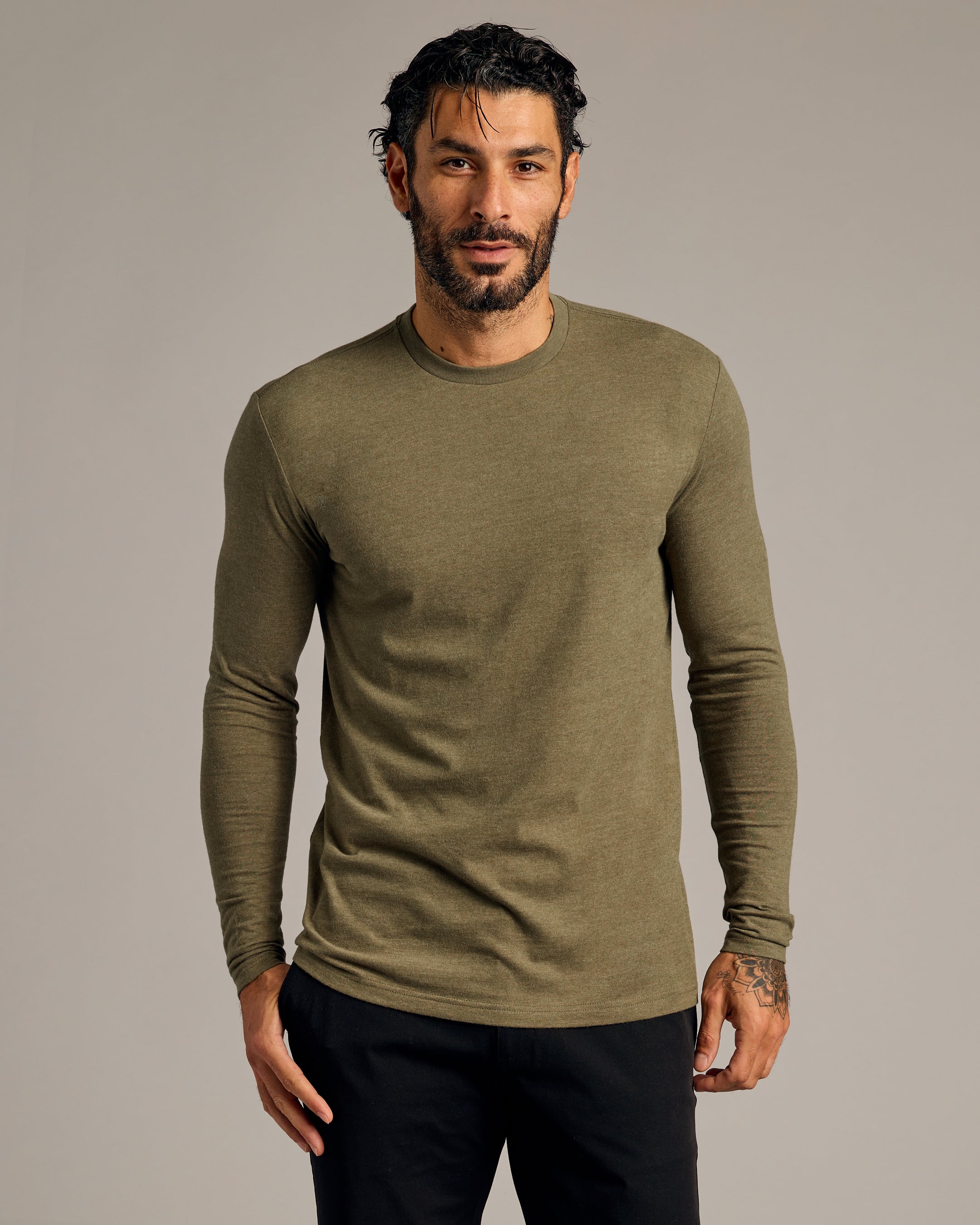 Heather Military Green Tall Long Sleeve T-Shirt-VibeCloset