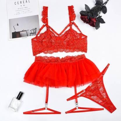 Spicy Red Lace Lingerie Bra&Garter skirt Set-SexBodyShop