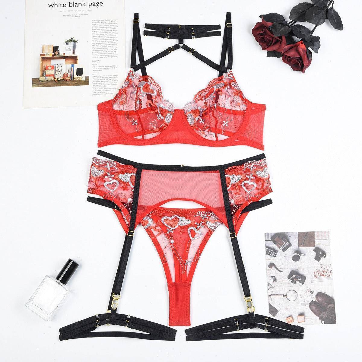 Black&Red Embroidered Kiss Lace Bra&Garted Set-SexBodyShop