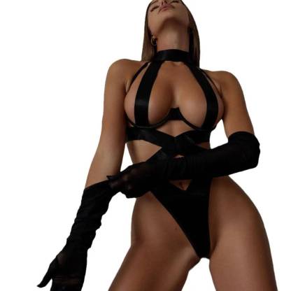 Black Strappy Open Cup Lingerie Teddy-SexBodyShop
