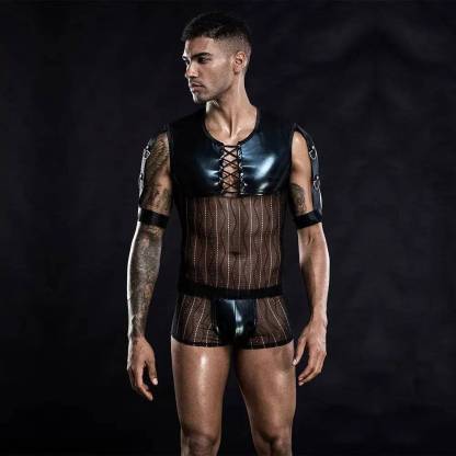 Men's Black Vinyl&Leather Mesh Lingerie Tank Top-SexBodyShop