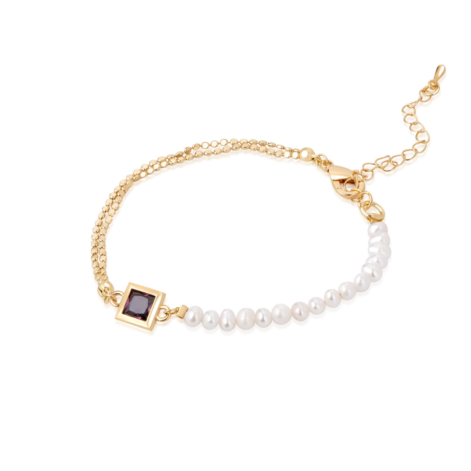 Freshwater Pearl 14K Gold Double Chain Personalized Birthstone Bracelet-VibeCloset