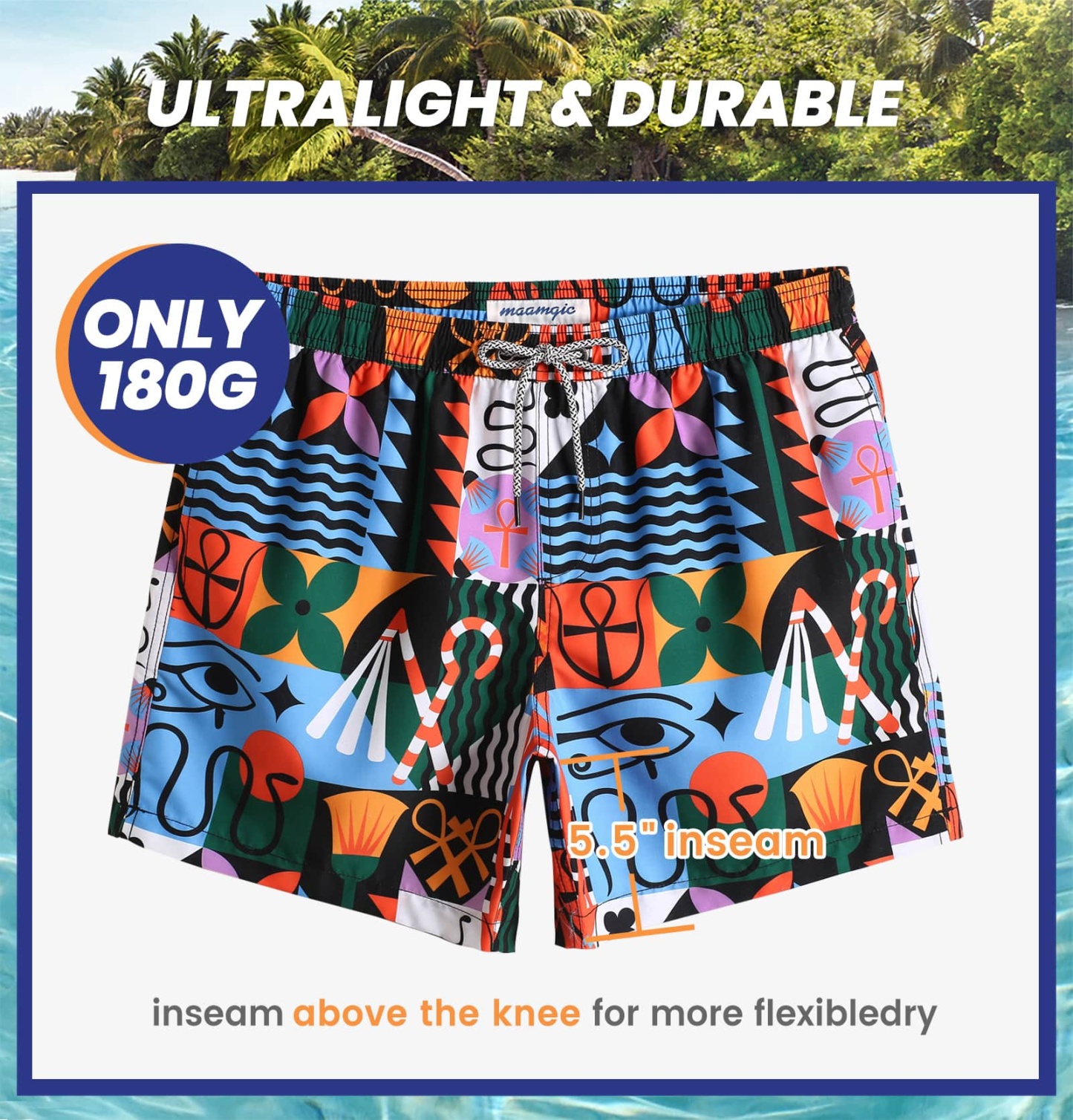 5.5 Inch Inseam Egyptian Pattern Swim Trunks-VibeCloset