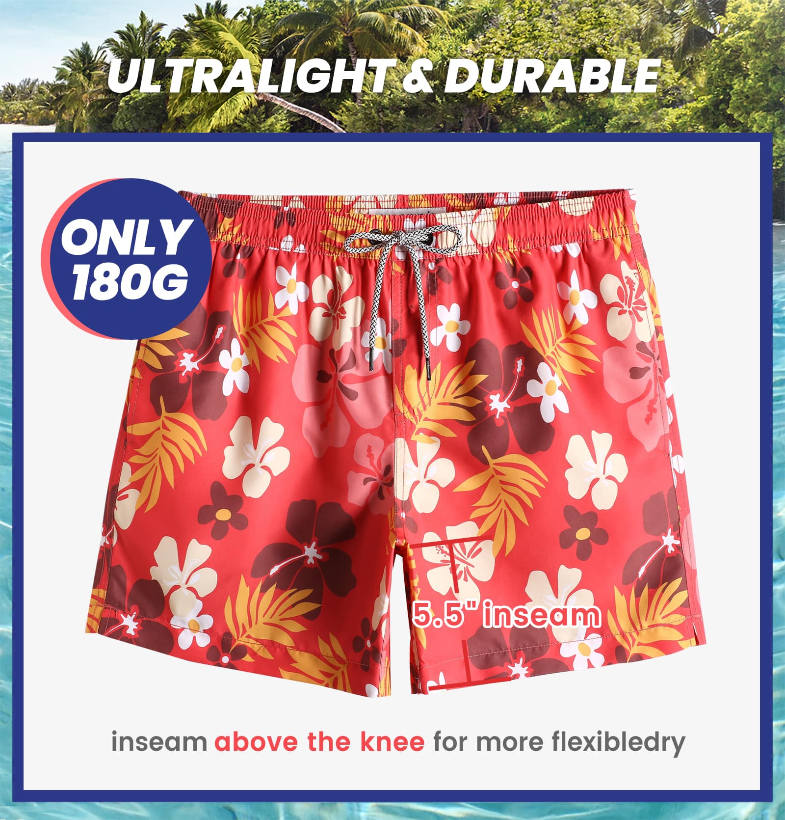 5.5 Inch Inseam Red Sakura Swim Trunks-VibeCloset