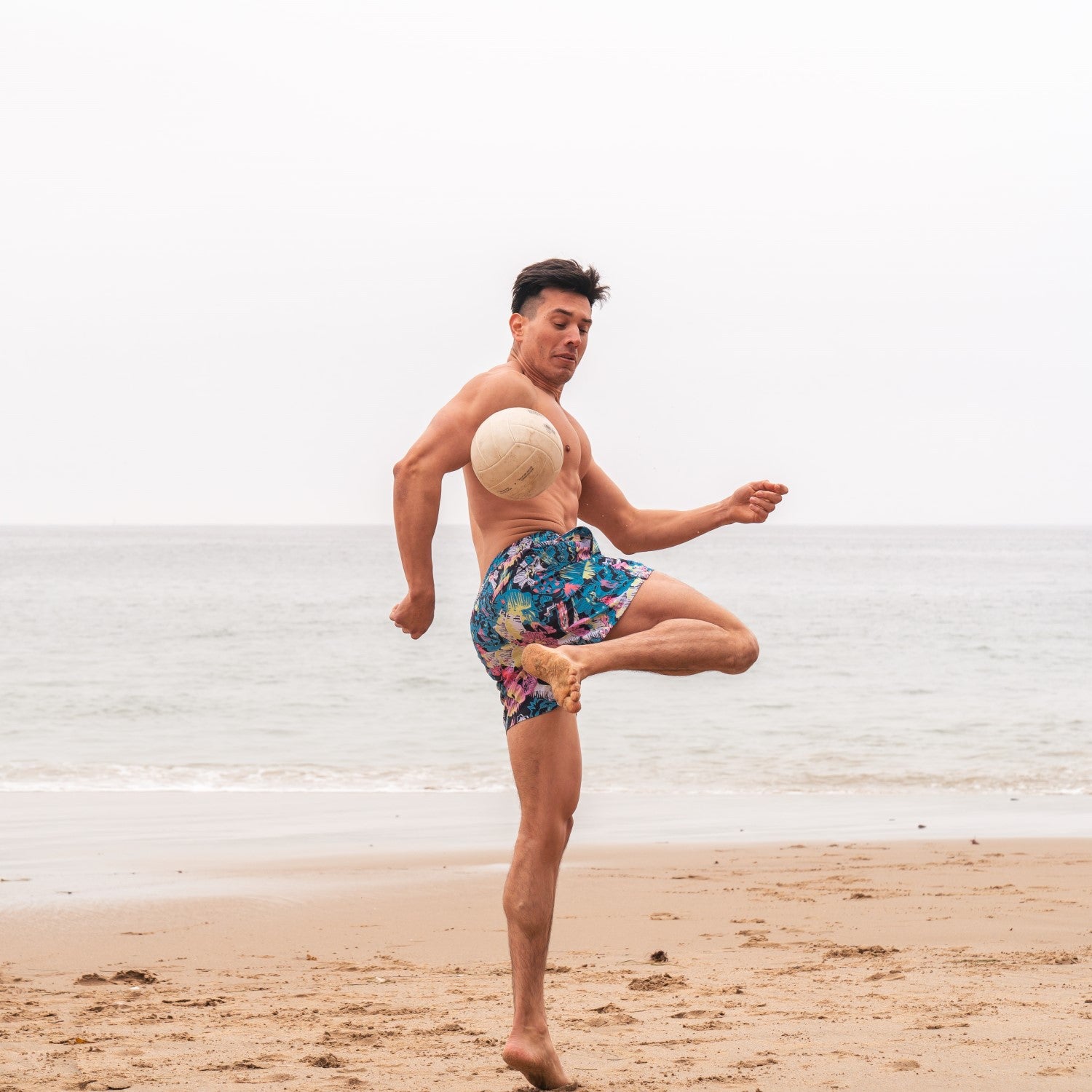 5.5 Inch Inseam Stretch Blue Pink Printed Swim Trunks-VibeCloset