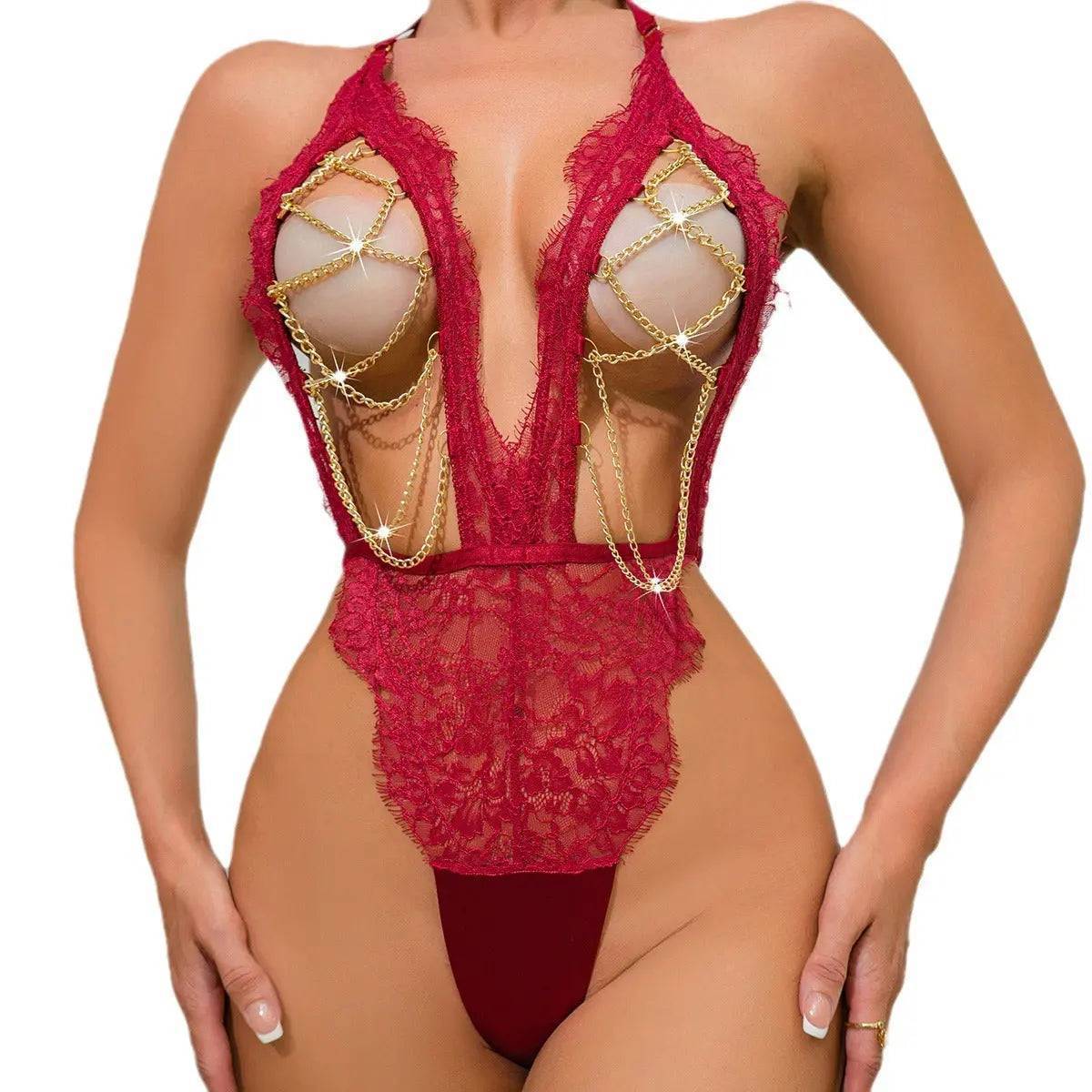 Roses Red Metal Chain Open Cup Lace Lingerie Teddy-SexBodyShop