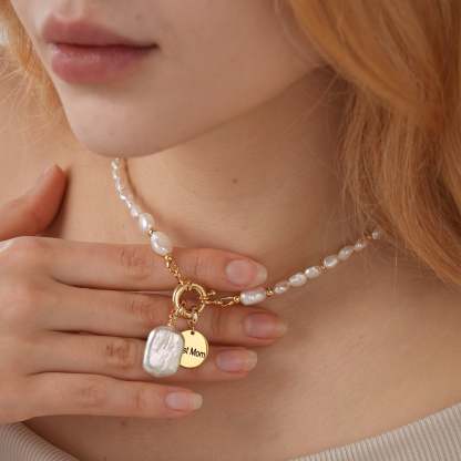 Personalized Baroque Pearl Necklace with Custom Name Disc-VibeCloset