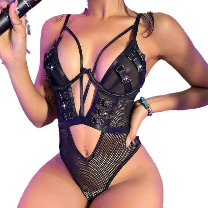 Black Strappy Vinyl&Leather Fishnet Lingerie Teddy-SexBodyShop