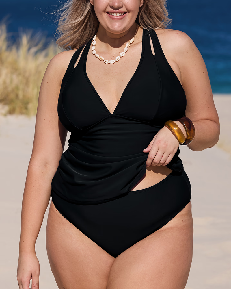👙Black Ruched Tankini Top & Mid-Rise Bottoms-VibeCloset
