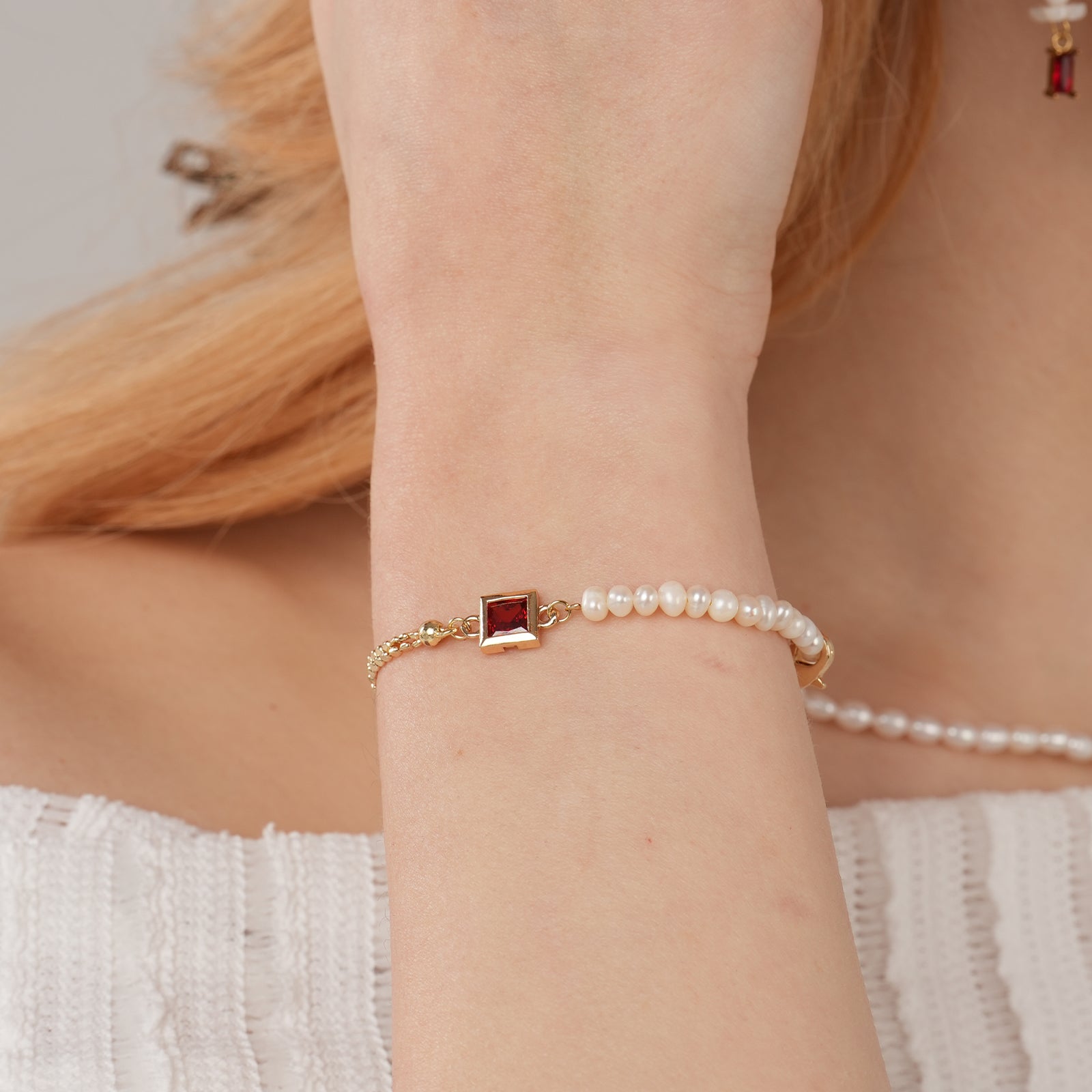 Freshwater Pearl 14K Gold Double Chain Personalized Birthstone Bracelet-VibeCloset