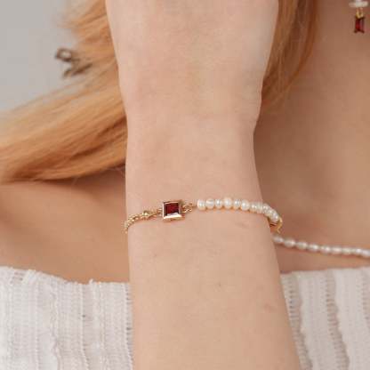 Freshwater Pearl 14K Gold Double Chain Personalized Birthstone Bracelet-VibeCloset