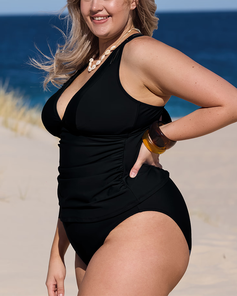 👙Black Ruched Tankini Top & Mid-Rise Bottoms-VibeCloset