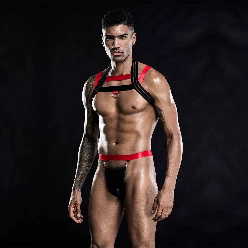 Men's Black&Red Strappy Harness&Thong-SexBodyShop