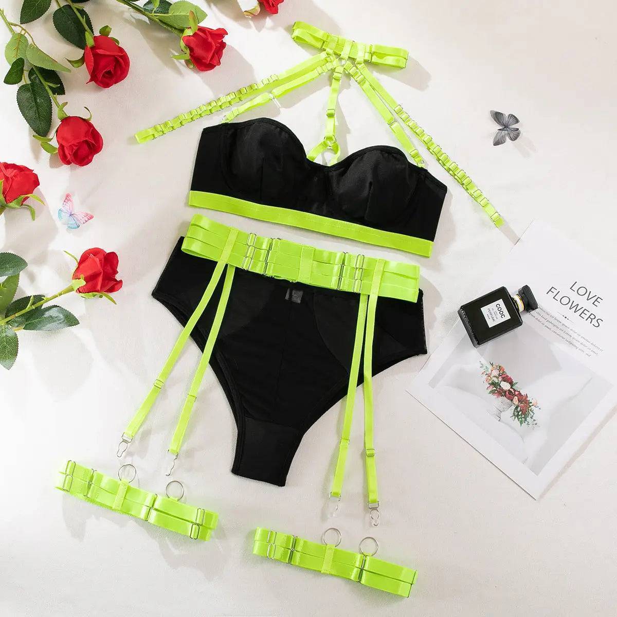 Neon Green Strappy Bra & Garter Set-SexBodyShop