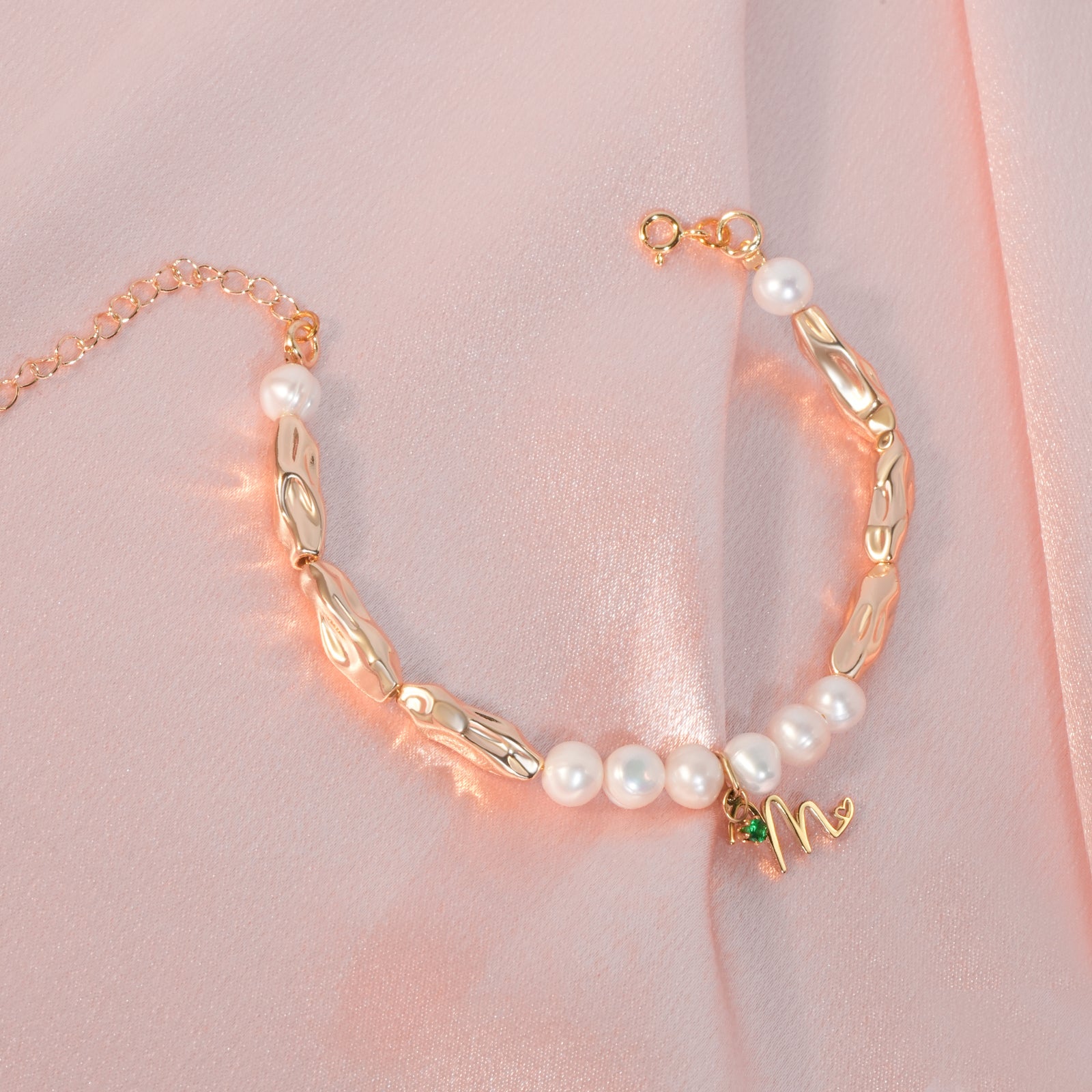 Personalised Initial and Birthstone Charm Natural Freshwater Pearl Bracelet-VibeCloset