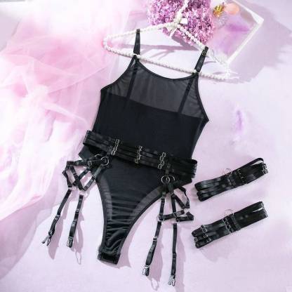 Black See Through  Strappy Bustiers Set&Teddy-SexBodyShop