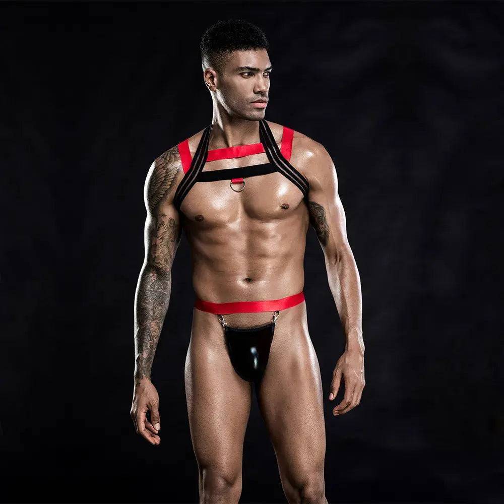 Men's Black&Red Strappy Harness&Thong-SexBodyShop