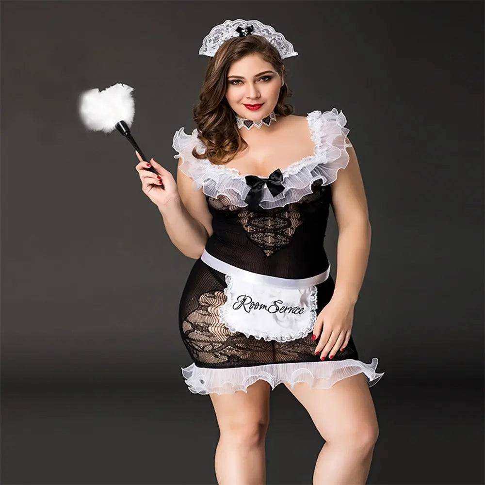 Plus Size Fishnet Chemise Maid Style Costume-SexBodyShop