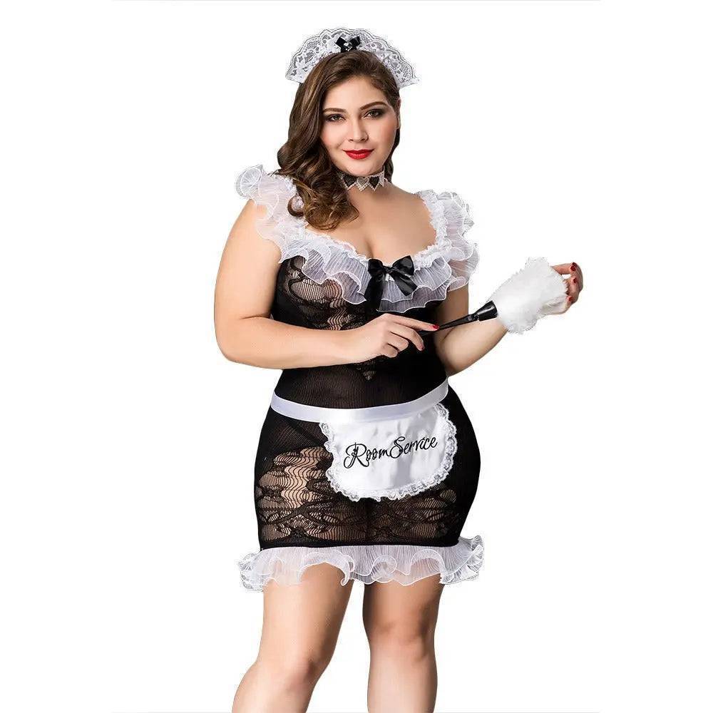 Plus Size Fishnet Chemise Maid Style Costume-SexBodyShop