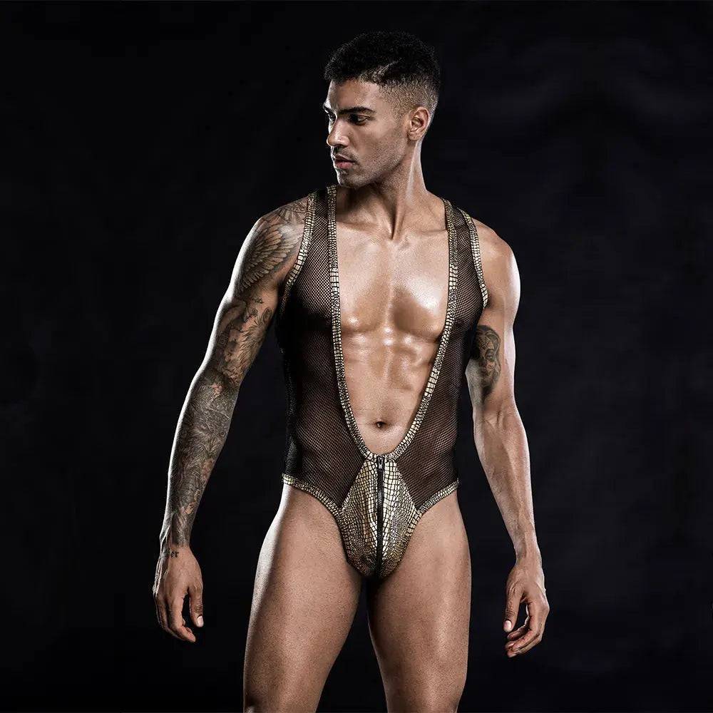 Men's Golden See Through Harness Sleeved Thong-SexBodyShop