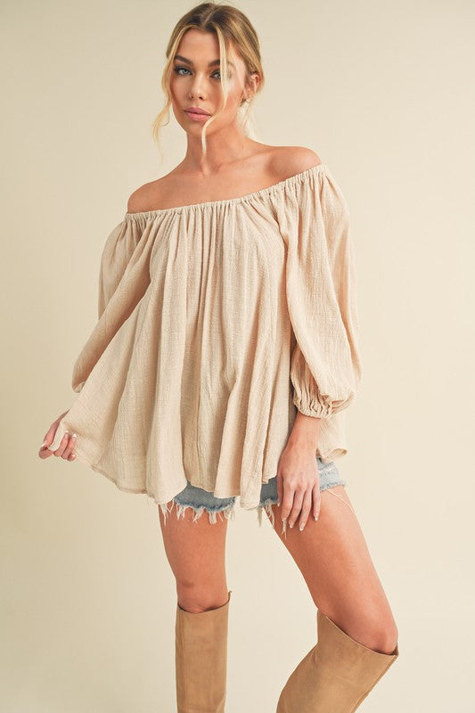 Chic Off-Shoulder Balloon Sleeve Blouse-VibeCloset