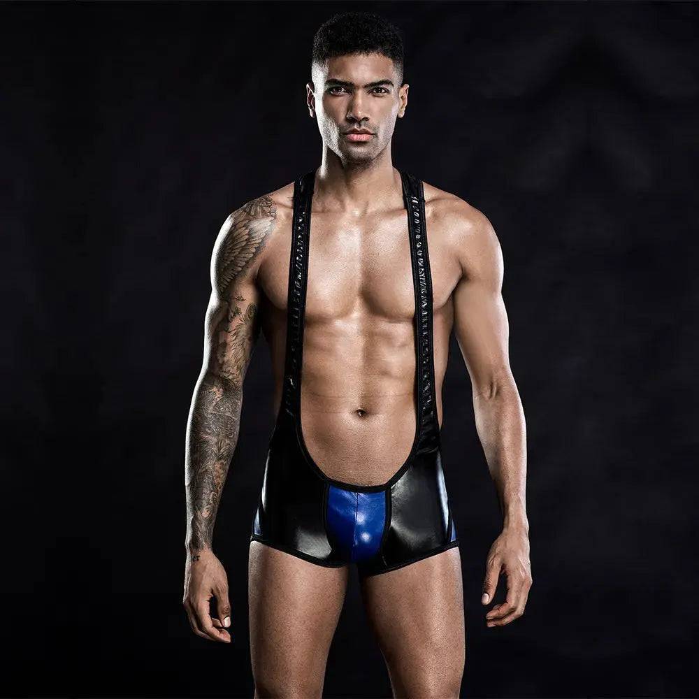 Men's Black Vinyl&Leather Spandex Master Singlet-SexBodyShop