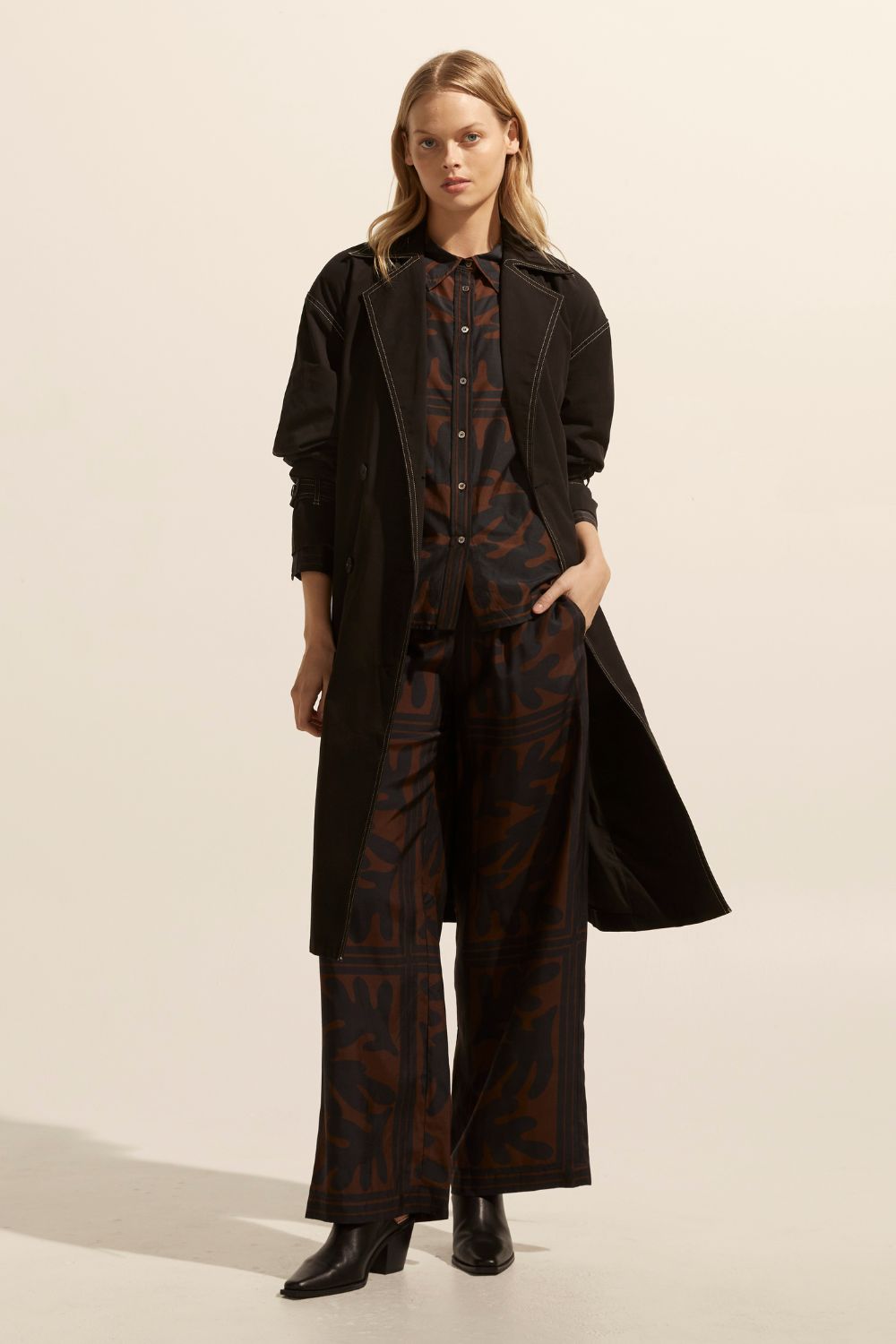 Agent Black Contrast Stitch Trench Coat-VibeCloset