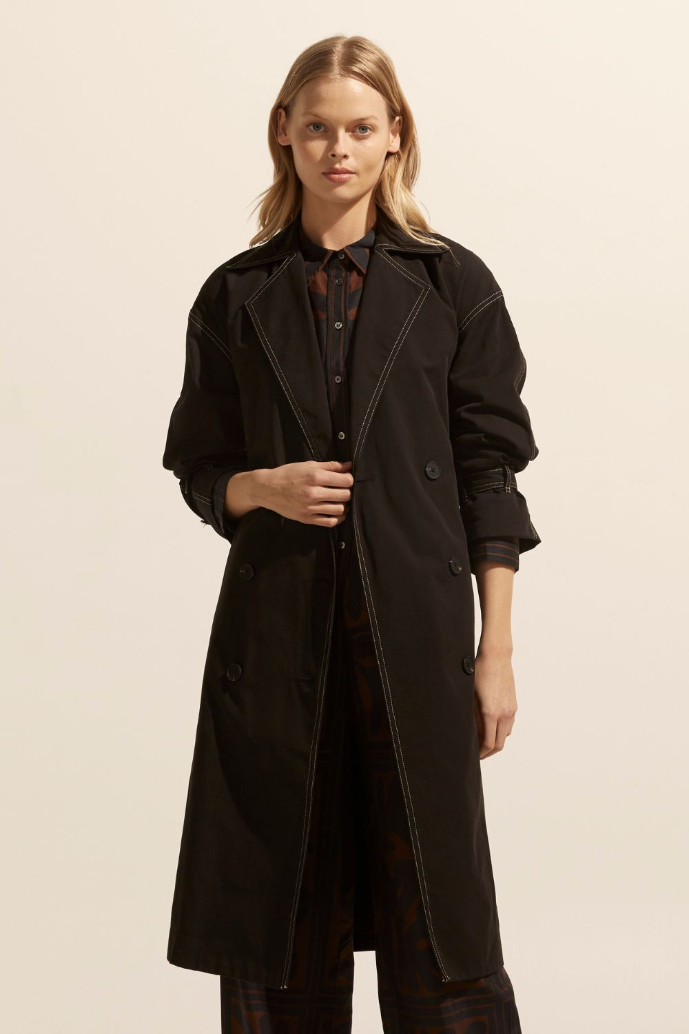 Agent Black Contrast Stitch Trench Coat-VibeCloset