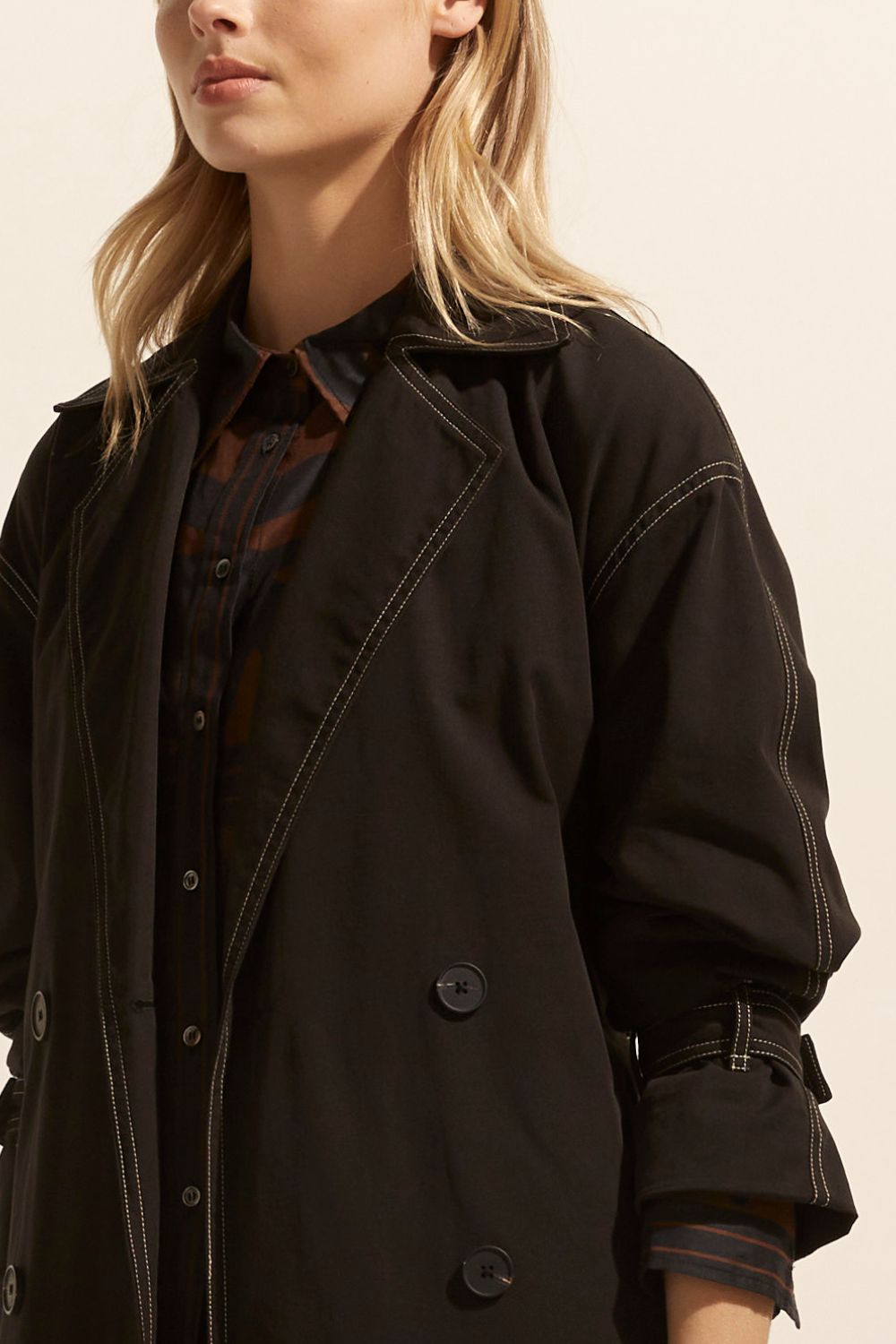 Agent Black Contrast Stitch Trench Coat-VibeCloset