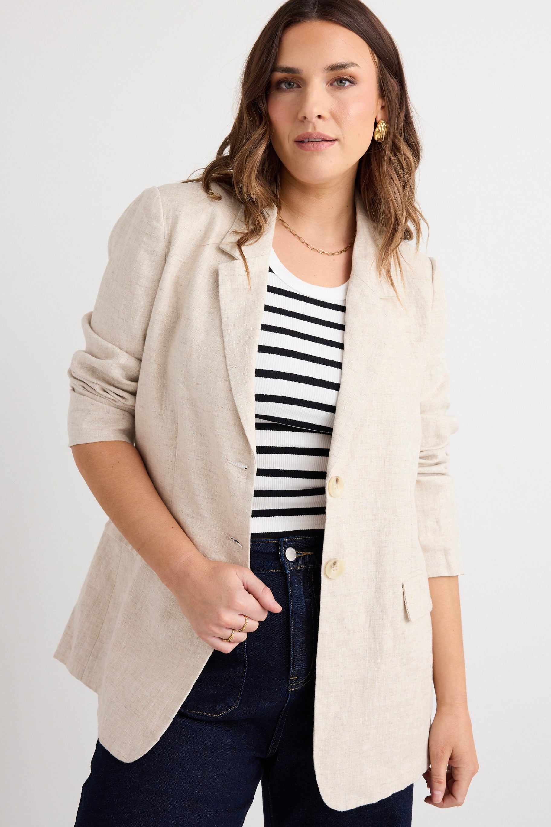 Aster Natural Linen Single Breasted Longline Blazer-VibeCloset