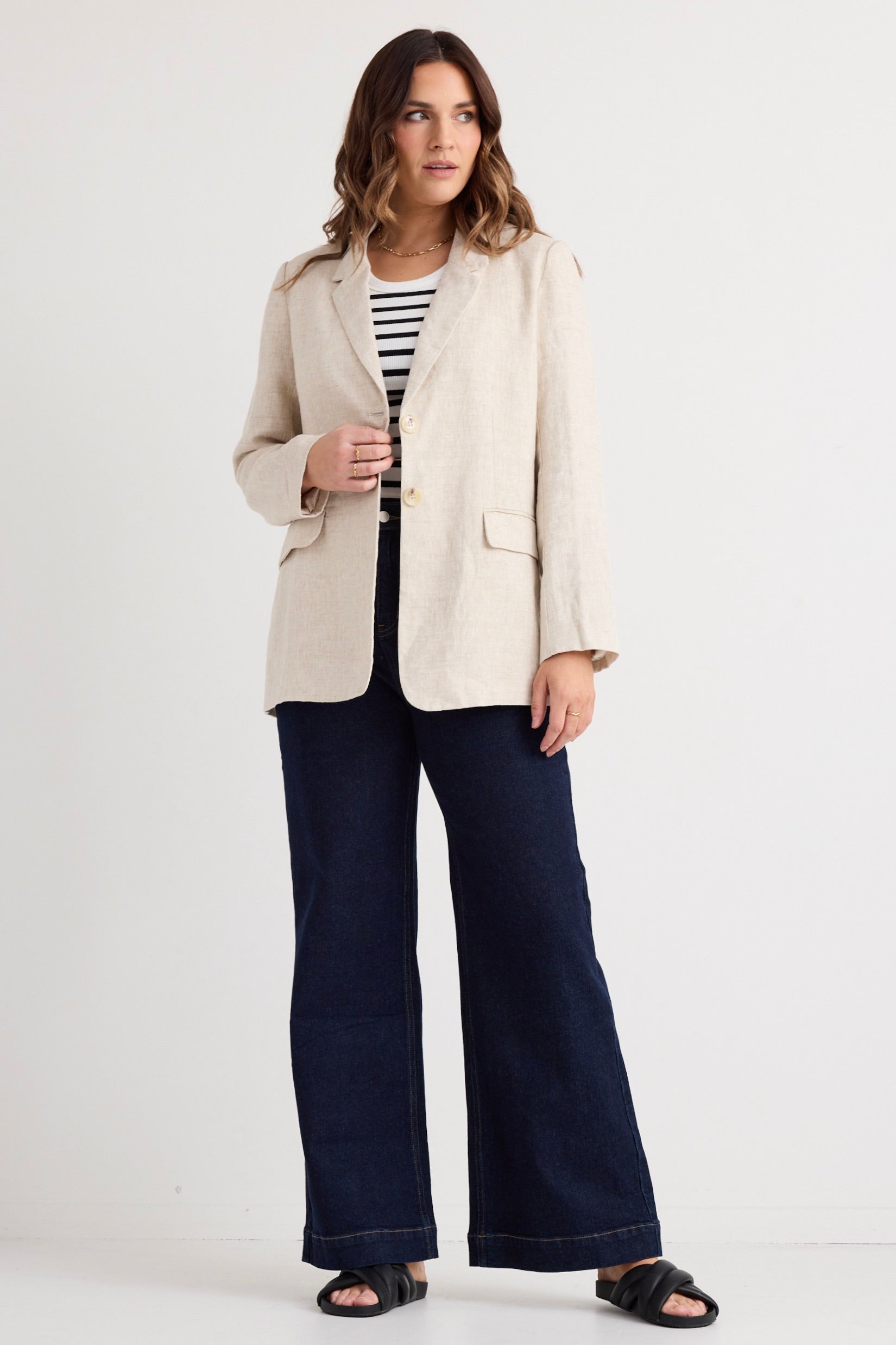 Aster Natural Linen Single Breasted Longline Blazer-VibeCloset
