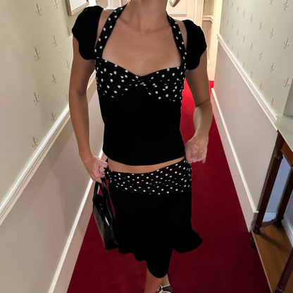 Halter Neck Polka Dot Top + Spliced ​​Skirt Set