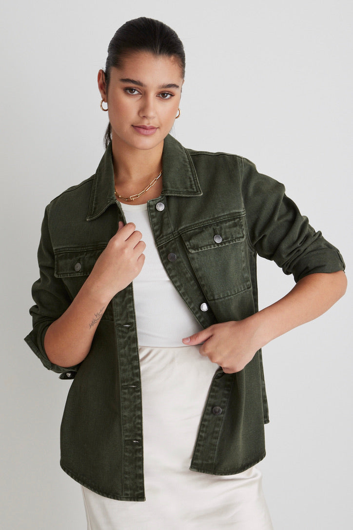 Penny Dark Khaki Denim Shacket-VibeCloset