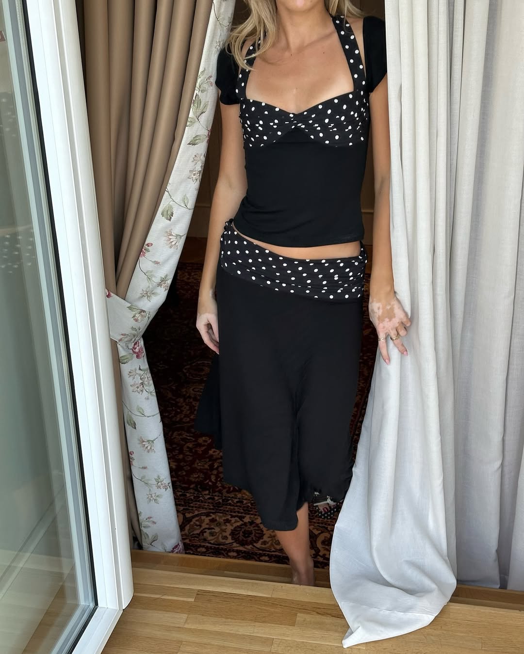 Halter Neck Polka Dot Top + Spliced ​​Skirt Set