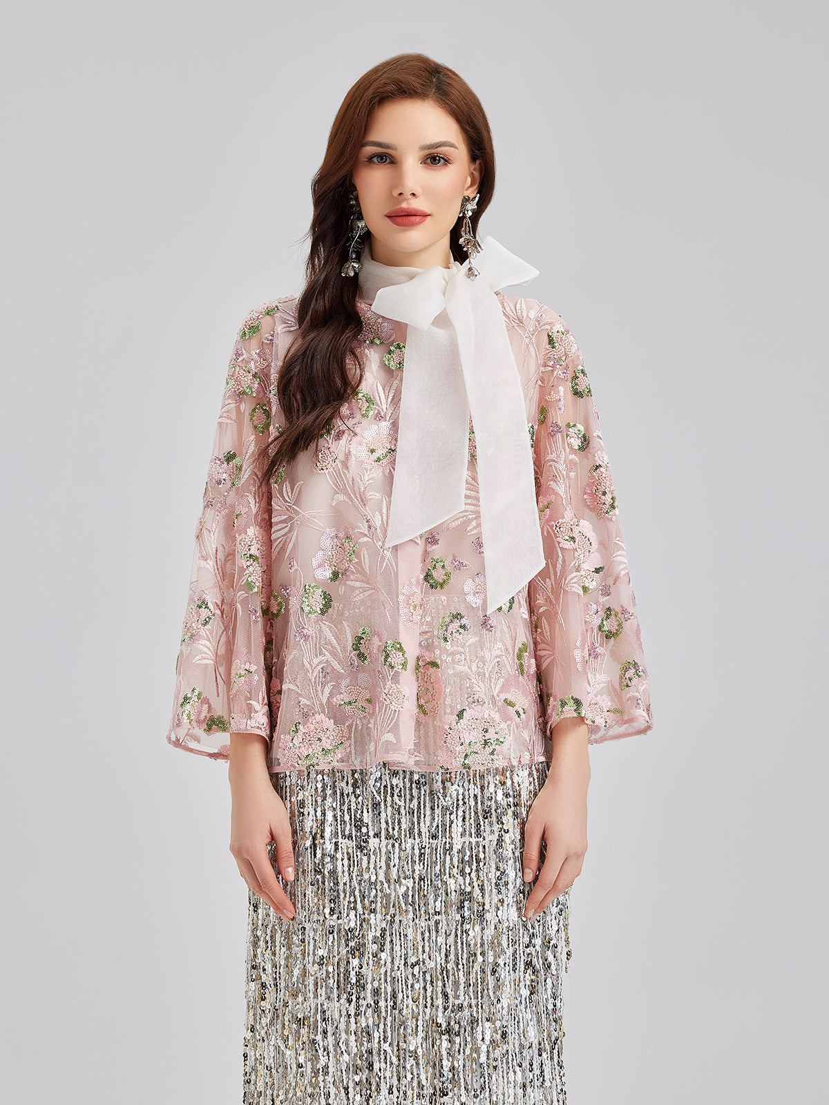 Sequin Embroidered Organza Relaxed Jacket-VibeCloset