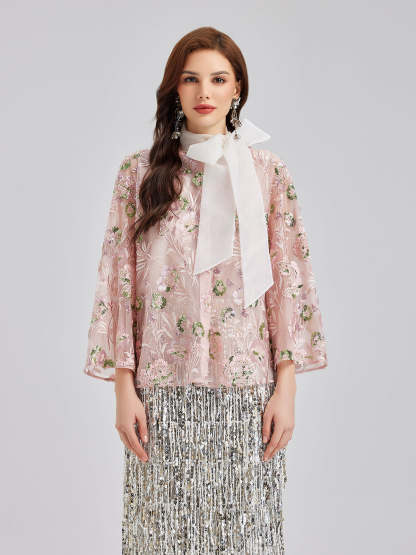 Sequin Embroidered Organza Relaxed Jacket-VibeCloset