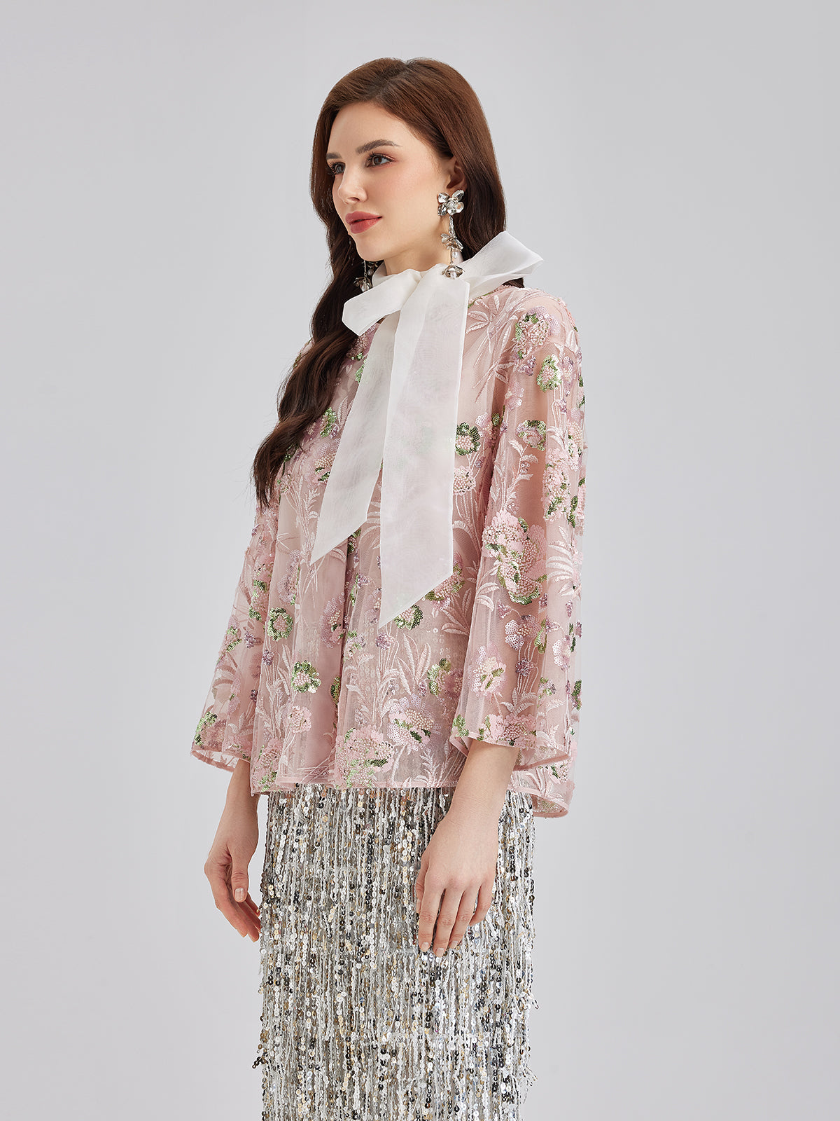 Sequin Embroidered Organza Relaxed Jacket-VibeCloset