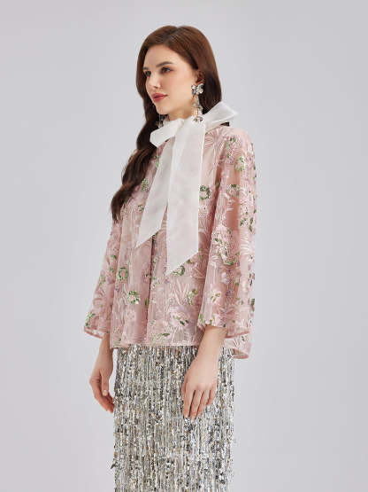 Sequin Embroidered Organza Relaxed Jacket-VibeCloset