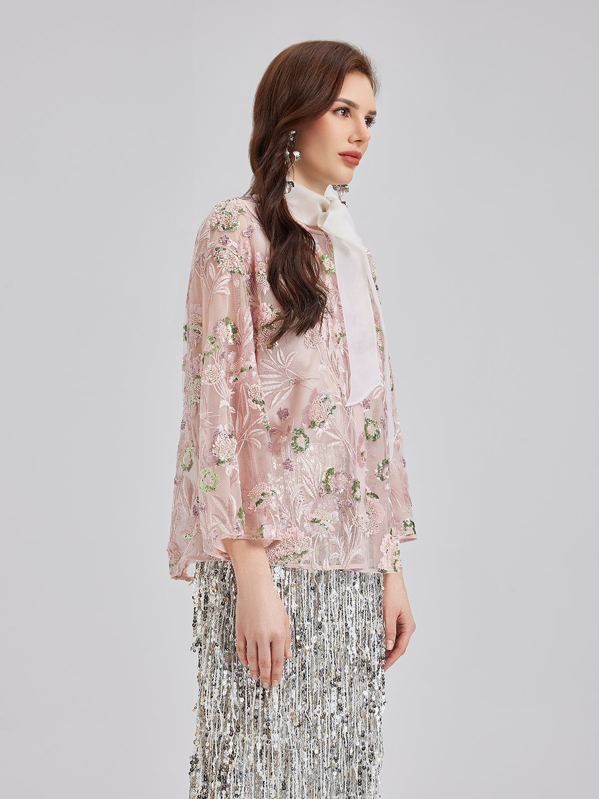 Sequin Embroidered Organza Relaxed Jacket-VibeCloset