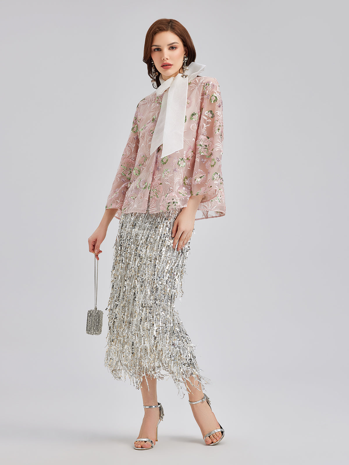 Sequin Embroidered Organza Relaxed Jacket-VibeCloset
