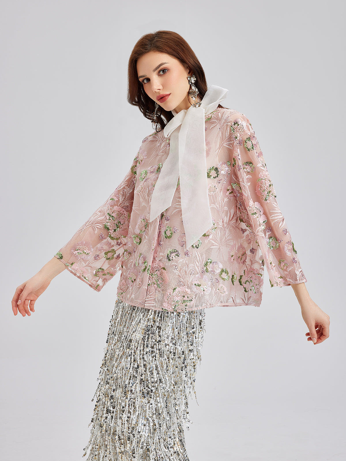 Sequin Embroidered Organza Relaxed Jacket-VibeCloset