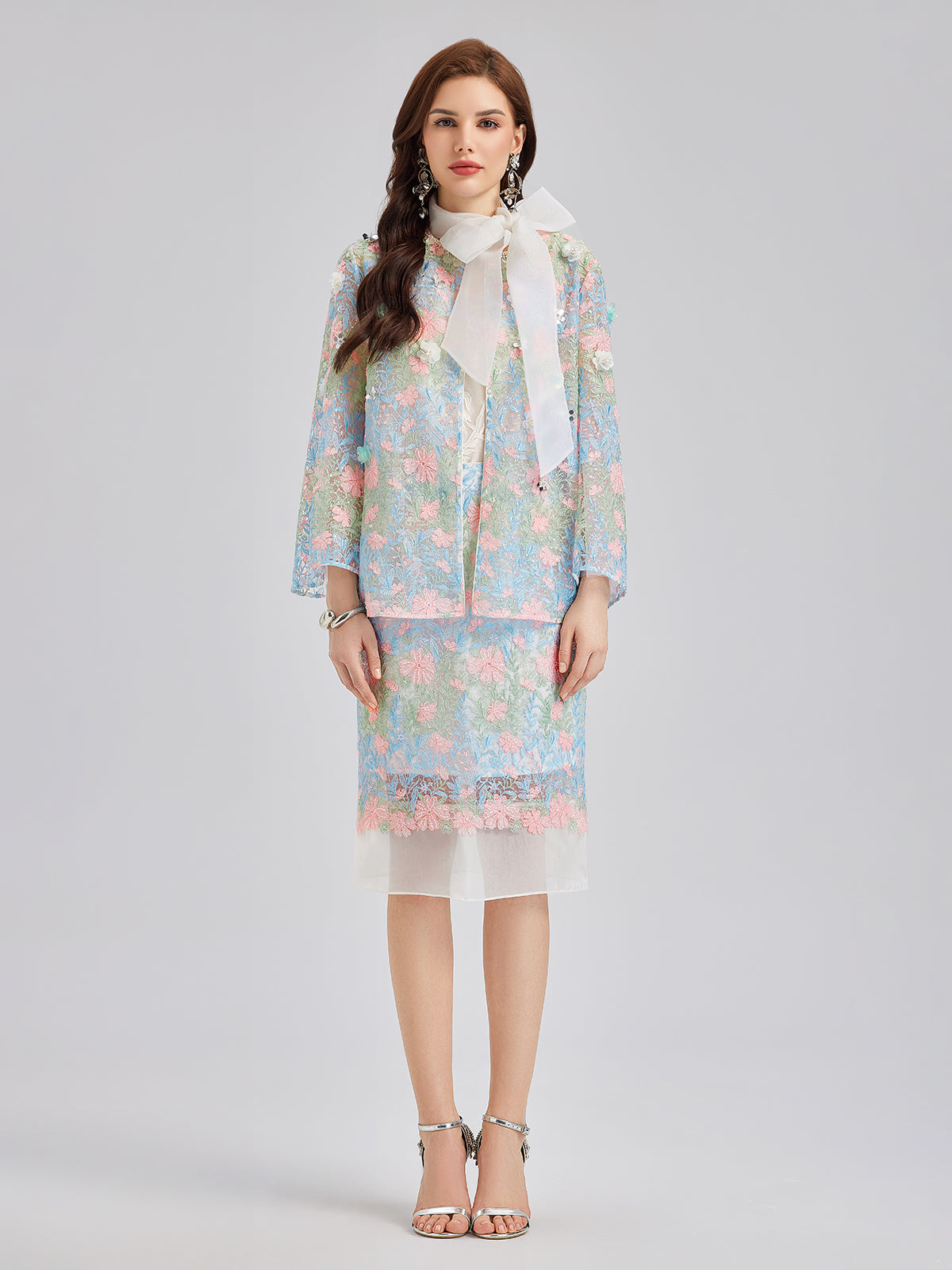 Lace Floral Embroidery Beaded Rhinestones Jacket-VibeCloset