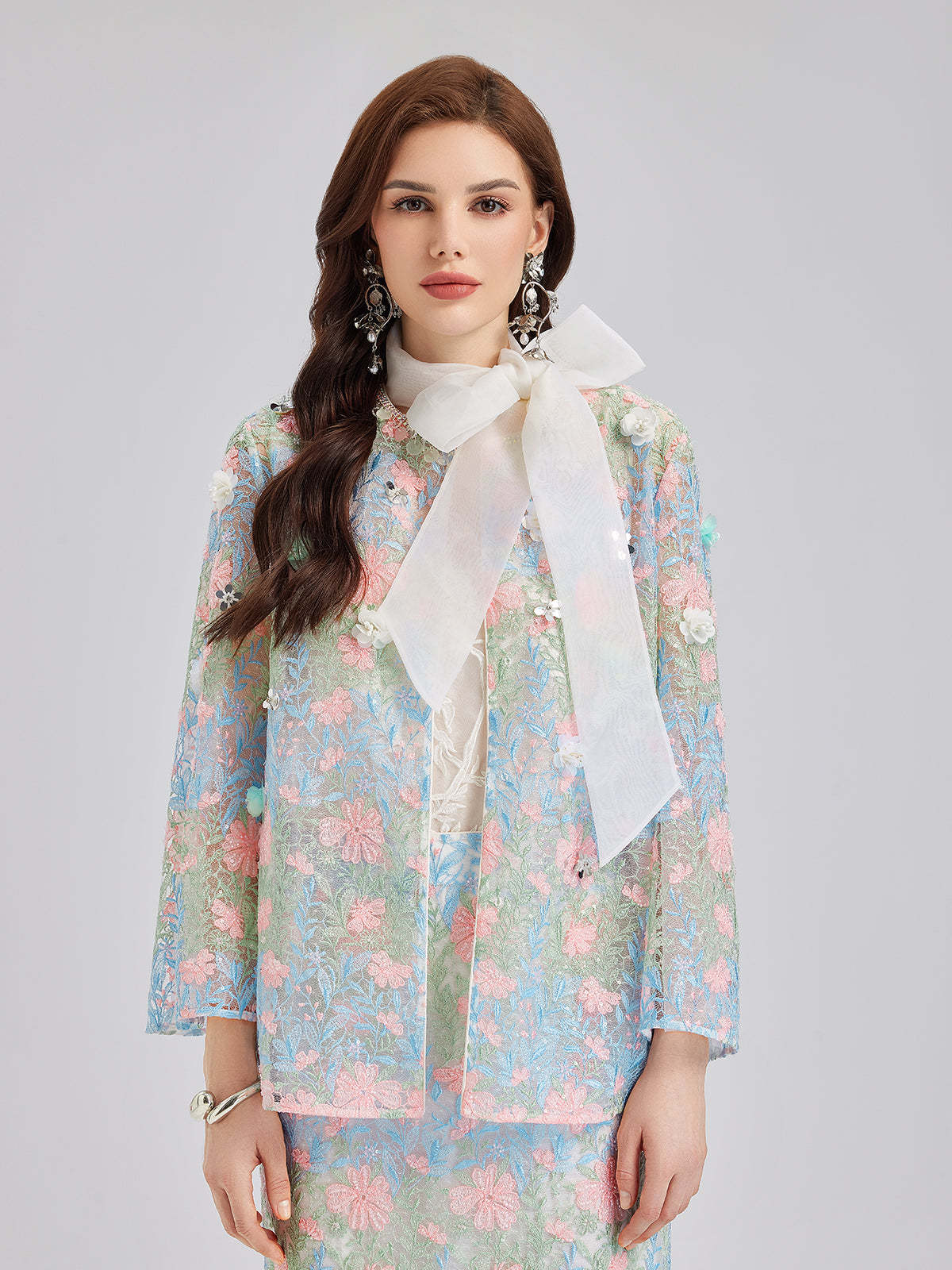Lace Floral Embroidery Beaded Rhinestones Jacket-VibeCloset
