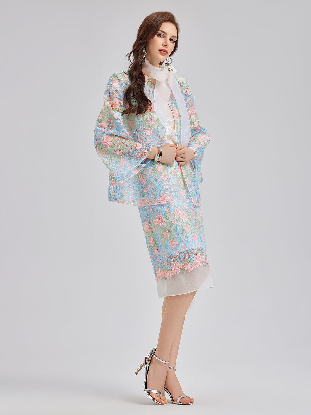 Lace Floral Embroidery Beaded Rhinestones Jacket-VibeCloset