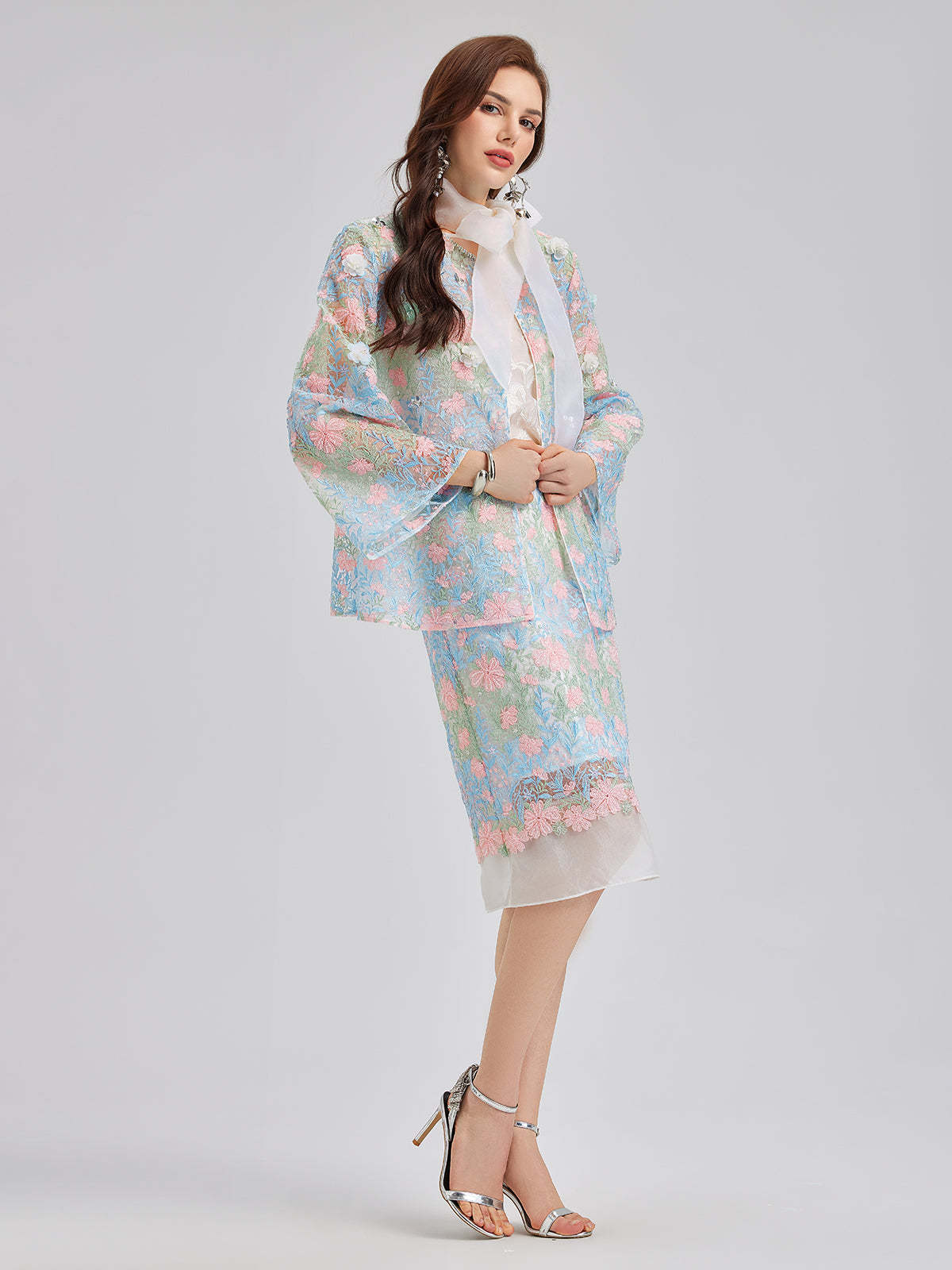 Lace Floral Embroidery Beaded Rhinestones Jacket-VibeCloset