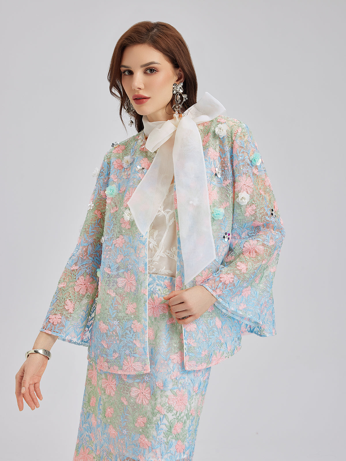 Lace Floral Embroidery Beaded Rhinestones Jacket-VibeCloset